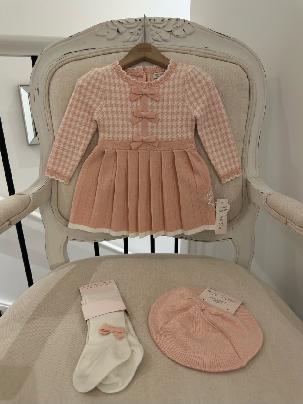 🦢 6~9 Mth Rachel Zoe Baby Girls Ballet Pink Knit Houndstooth Dress Set NWT